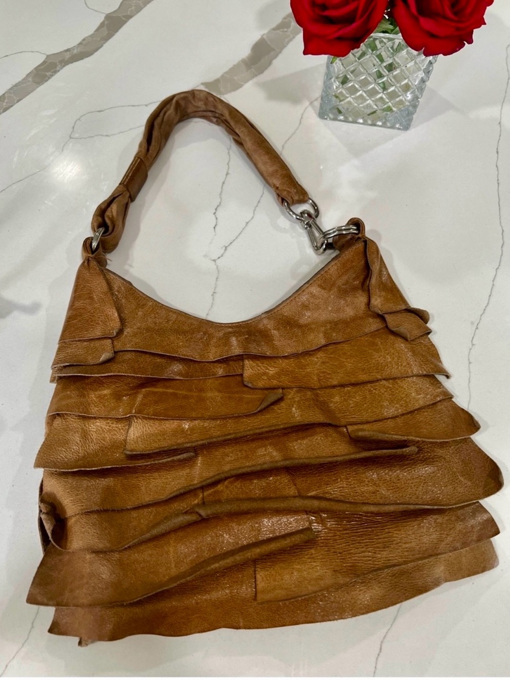 Vintage Cache Genuine Leather Layered Hobo Shoulder Bag Tan brown Y2K Boho Luxe
